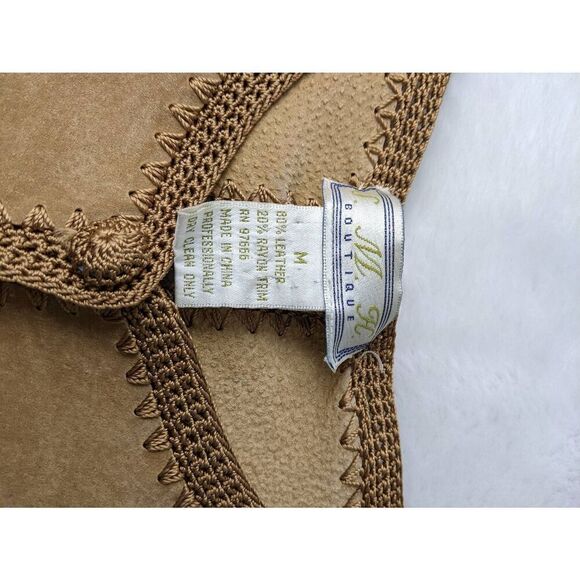 S.M.H. Boutique Tan Brown Vintage Boho Leather Suede Jacket Crochet Lace Patchwo - Picture 4 of 7